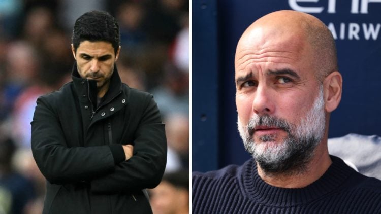 Split image of (L) Mikel Arteta looking dejected during an Arsenal game and (R) Pep Guardiola looking on before a Manchester City game