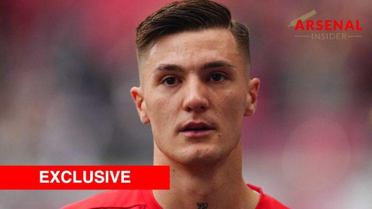 Benjamin Sesko of RB Leipzig looks on during the 1. Bundesliga match between RB Leipzig and Holstein Kiel, with Arsenal Insider Exclusive banner an...