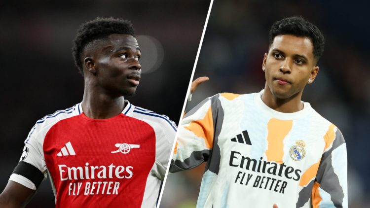 Split image of (L) Bukayo Saka during the UEFA Champions League 2024/25 Semi Final and (R) Rodrygo prior to the LaLiga match between Real Madrid an...