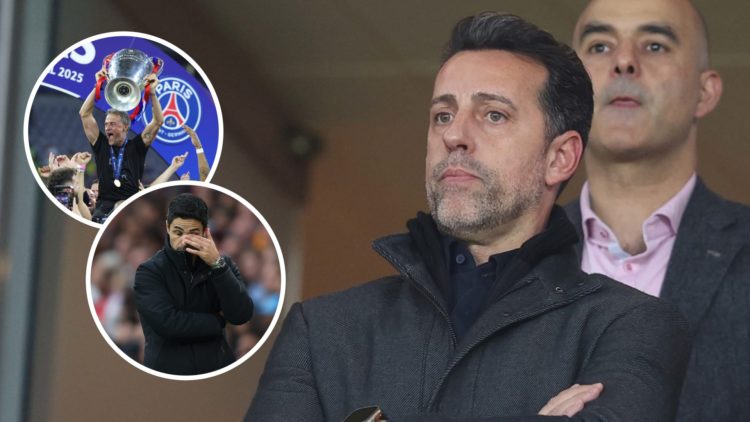 Edu Gaspar during the UEFA Women's Champions League match between Arsenal and Valerenga, inset, Luis Enrique after winning the 2025 Champions Leagu...