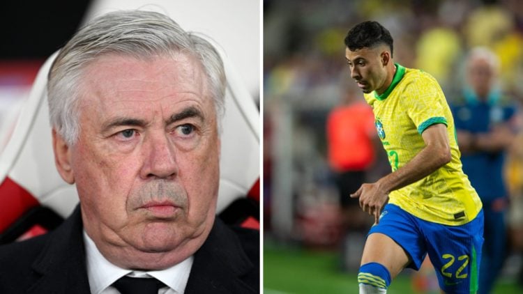 Split image of (L) Carlo Ancelotti looking on during a Real Madid game and (R) Gabriel Martinelli running with the ball while playing for Brazil