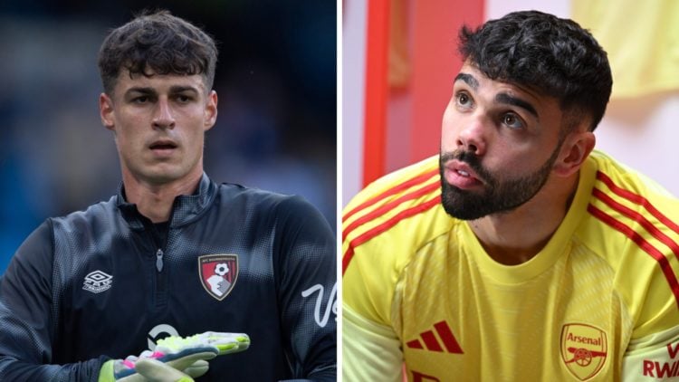 Left: Kepa Arrizabalaga warming up for Bournemouth before their Premier League game against Manchester City. Right: David Raya during Arsenal's 202...