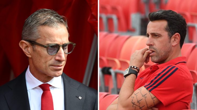 Split image of (L) Andrea Berta looking on before an Arsenal game and (R) Edu Gaspar watching Arsenal train during their pre-season tour of the Uni...