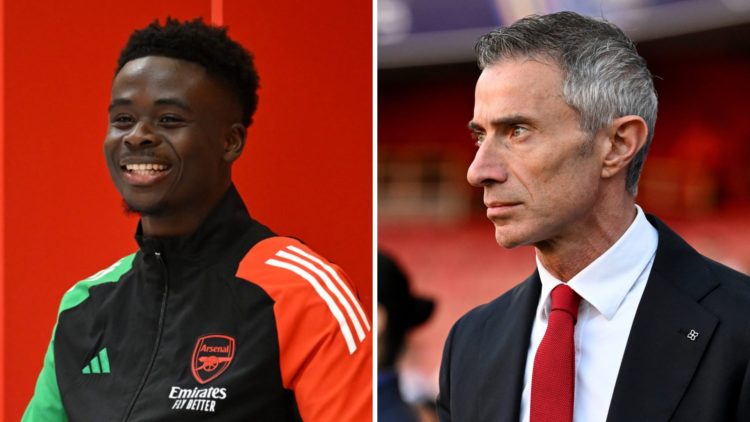 Bukayo Saka smiles before an Arsenal match alongside a split image with sporting director Andrea Berta looking on