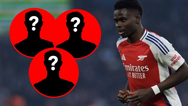 An image featuring Bukayo Saka looking on in an Arsenal match alongside mystery player insets