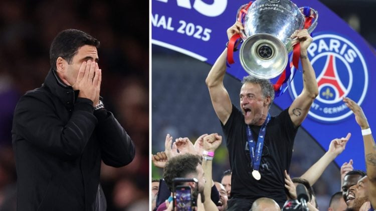 Split image of (L) Mikel Arteta during the Premier League match between Arsenal and Crystal Palace and (R) Luis Enrique after winning the UEFA Cham...