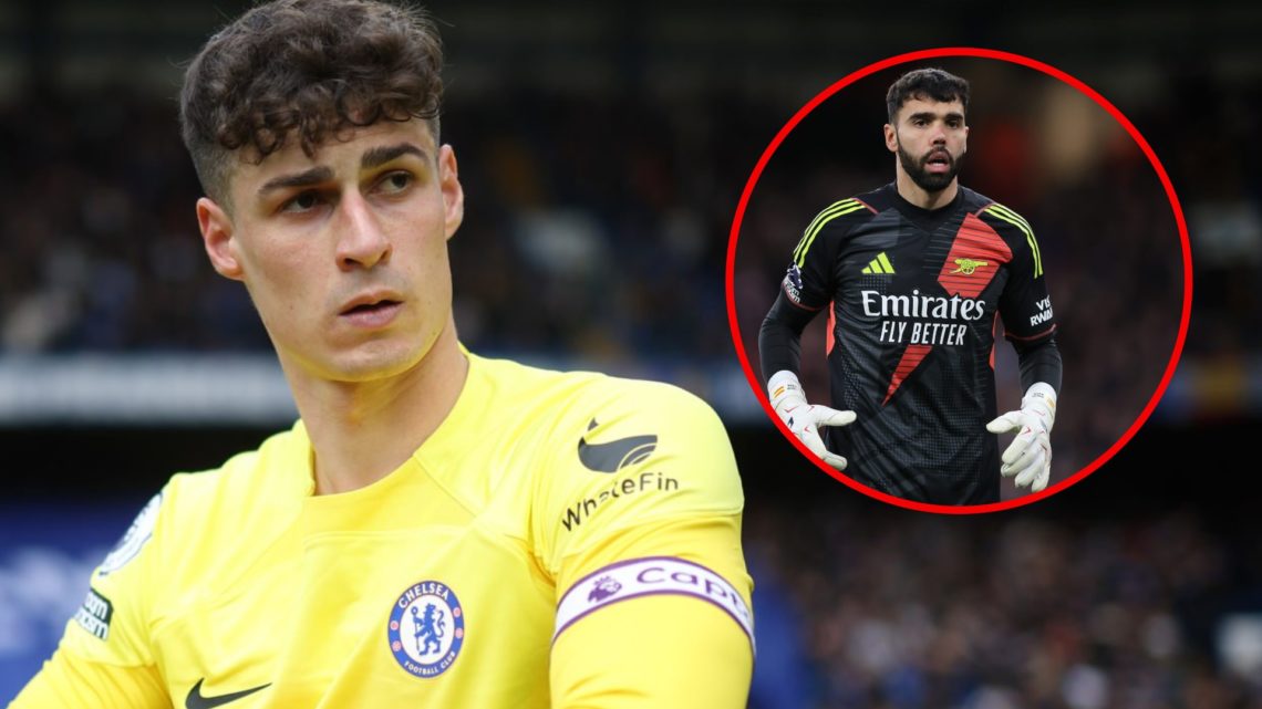 Kepa Arrizabalaga prior to the Premier League match between Chelsea and Brighton & Hove Albion, inset, David Raya during the Premier League match b...