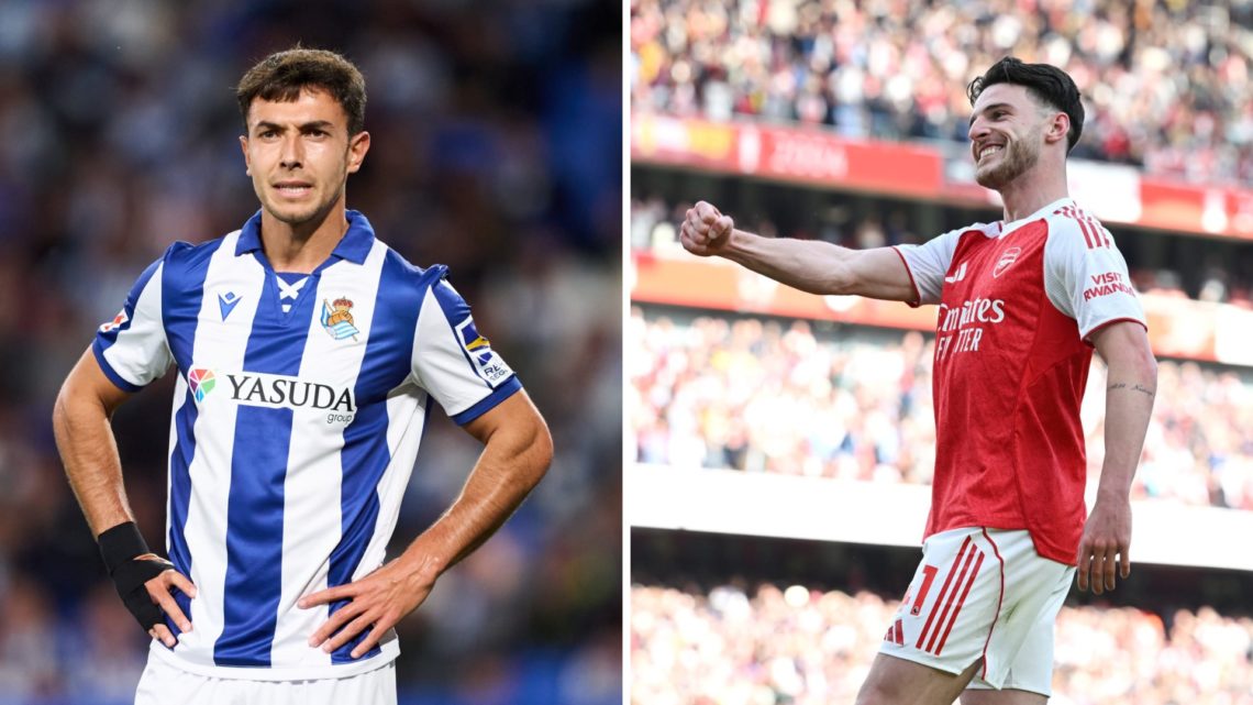 A split image featuring Martin Zubimendi looking on in a Real Sociedad match alongside Declan Rice celebrating for Arsenal
