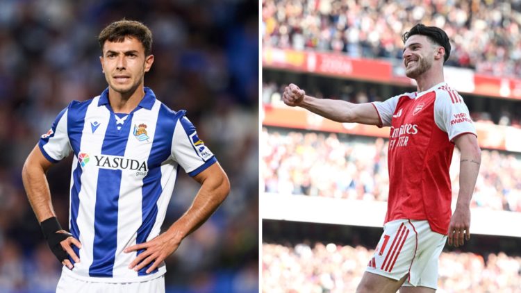 A split image featuring Martin Zubimendi looking on in a Real Sociedad match alongside Declan Rice celebrating for Arsenal