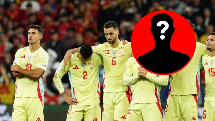 Players of Spain look dejected during the UEFA Nations League 2025 final between Portugal and Spain, inset, mystery icon.