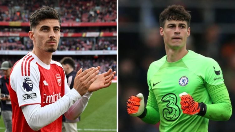A split image featuring Arsenal star Kai Havertz and Chelsea goalkeeper Kepa Arrizabalaga