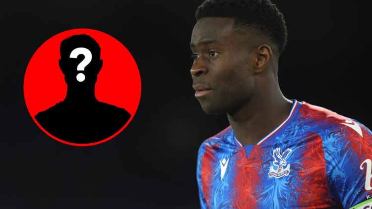Marc Guehi looks on during a Crystal Palace match next to a mystery player inset