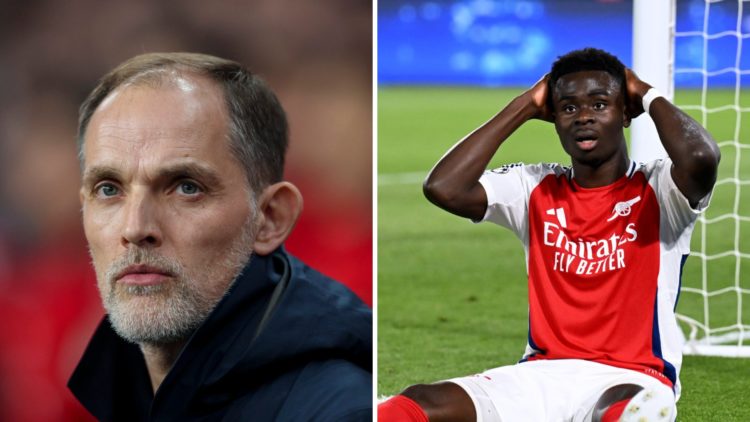 Split image of (L) England manager Thomas Tuchel looking on during a game and (R) Bukayo Saka looking dejected after missing a chance to score duri...