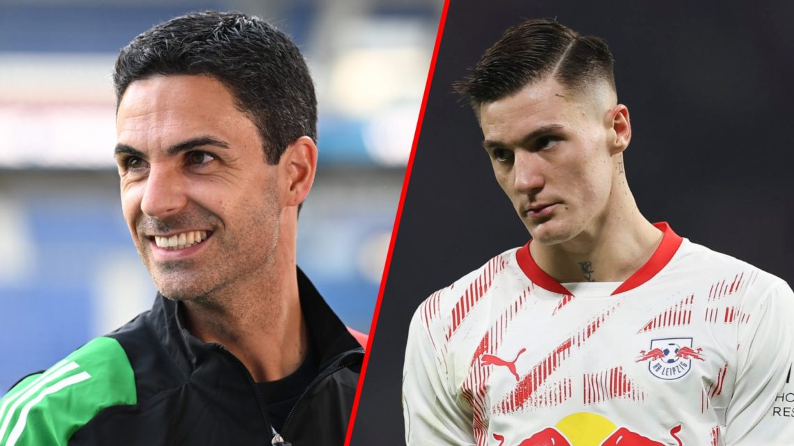 A split image with Mikel Arteta looking on alongside RB Leipzig striker Benjamin Sesko