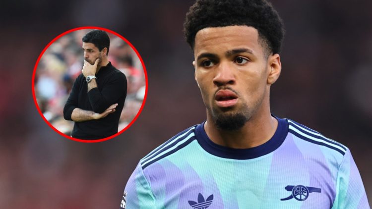 Ethan Nwaneri during the Premier League match between Manchester United FC and Arsenal, inset, Mikel Arteta watches on during Liverpool v Arsenal.