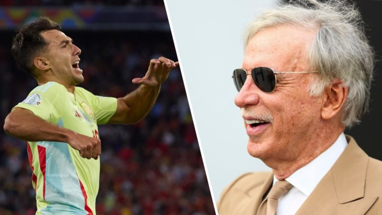 A split image featuring Martin Zubimendi celebrating alongside Arsenal owner Stan Kroenke
