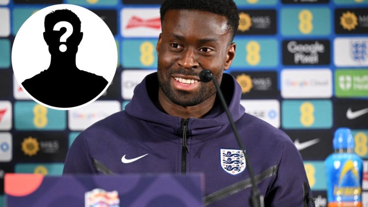 Marc Guehi of England speaks to the media during a press conference at Crowne Plaza Helsinki, with mystery player inset.