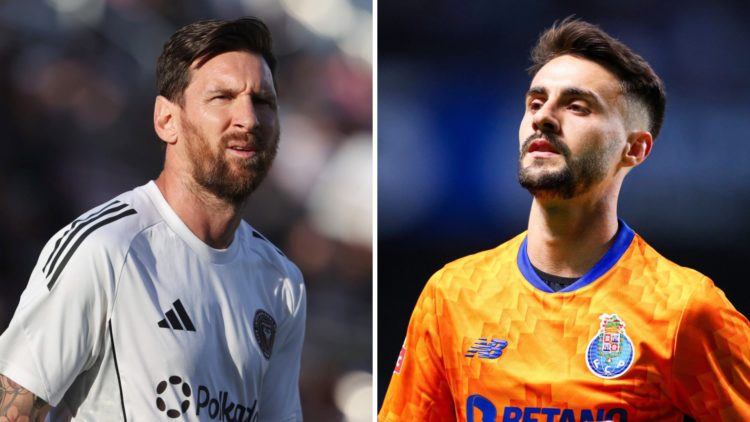 A split image featuring Fabio Vieira and Lionel Messi looking on during matches