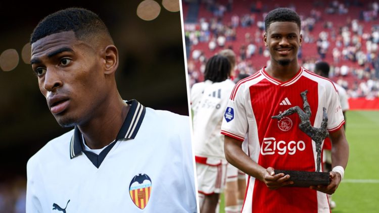 Cristhian Mosquera of Valencia CF looks on prior to the LaLiga EA Sports match between Valencia CF and Granada CF (L), Jorrel Hato of Ajax is talen...