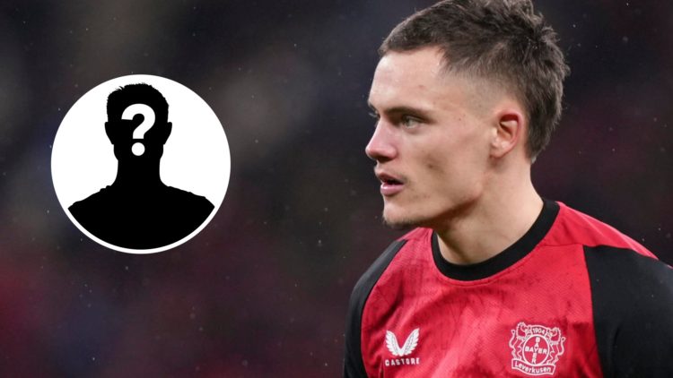 Image of Floarian Wirtz in action for Bayer Leverkusen with an inset of a mystery player