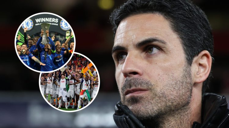 Mikel Arteta during the UEFA Champions League match between Arsenal and PSV, inset, Tottenham Hotspur celebrate the victory of the Europa League 20...
