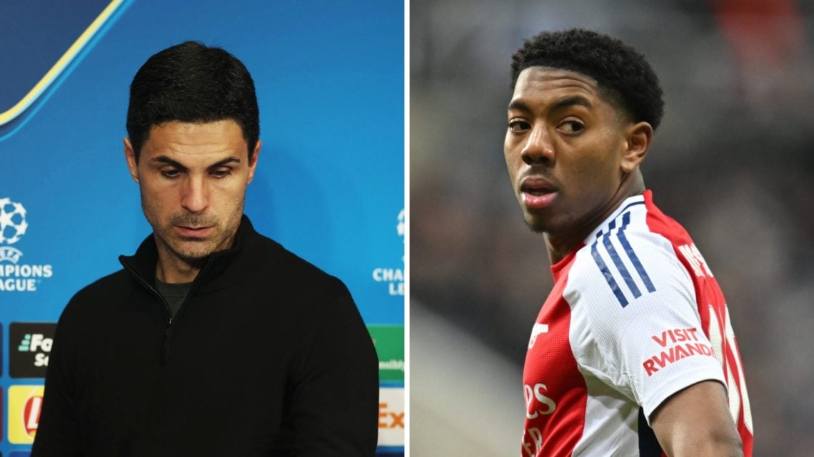 Split image of (L) Mikel Arteta looking dejected in a press conference and (R) Myles Lewis-Skelly looking on during an Arsenal game