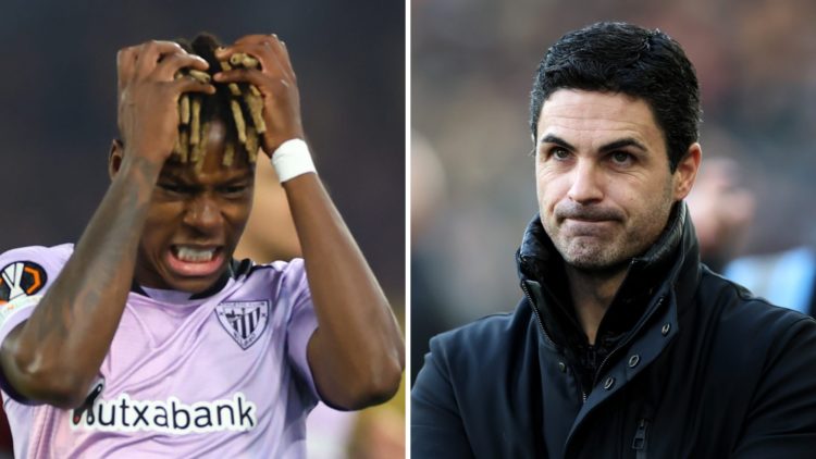 A split image of Nico Williams reacting alongside Mikel Arteta during an Arsenal game