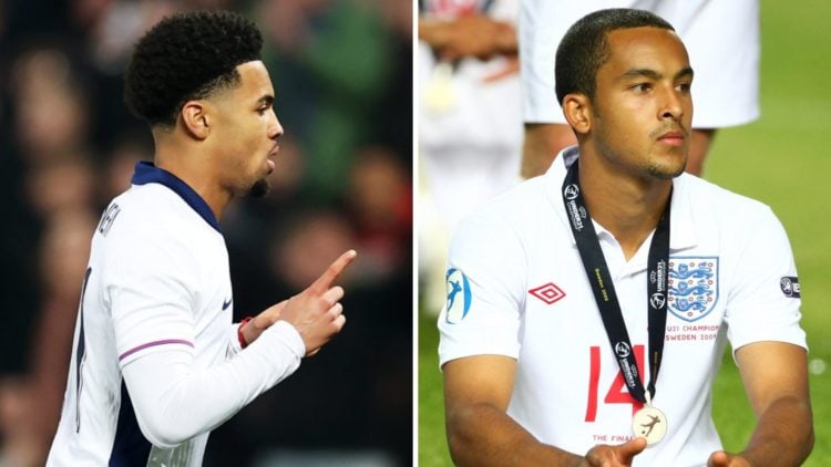 A split image featuring Arsenal stars Ethan Nwaneri and Theo Walcott playing for England