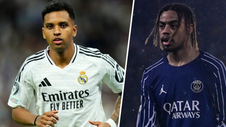 Rodrygo in action during a Real Madrid match (L), Bradley Barcola of Paris Saint-Germain looks on during the UEFA Champions League 2024/25 League P...