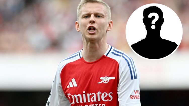 Oleksandr Zinchenko of Arsenal looks on during the Premier League match between Arsenal FC and Brentford FC, with mystery player inset.
