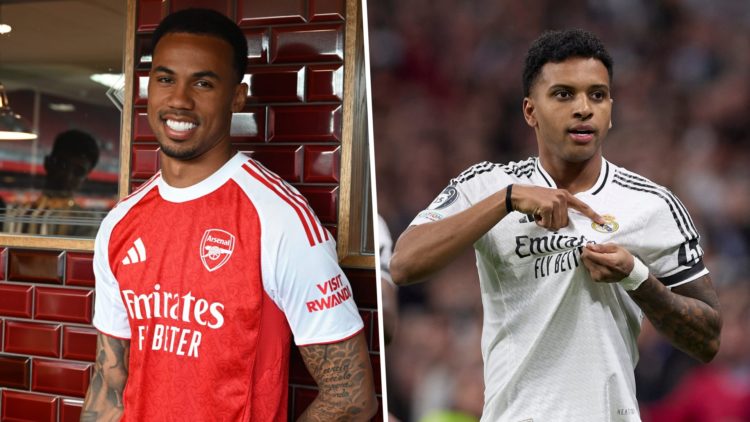 Gabriel of Arsenal at Emirates Stadium (L), Rodrygo celebrates during a Real Madrid match (R).