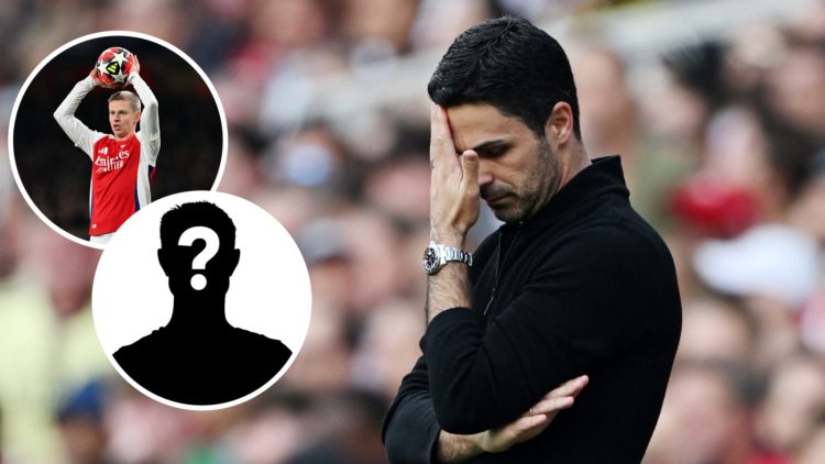 Image of Mikel Arteta looking dejected during an Arsenal game with insets of Oleksandr Zinchenko taking a throw-in and a mystery player