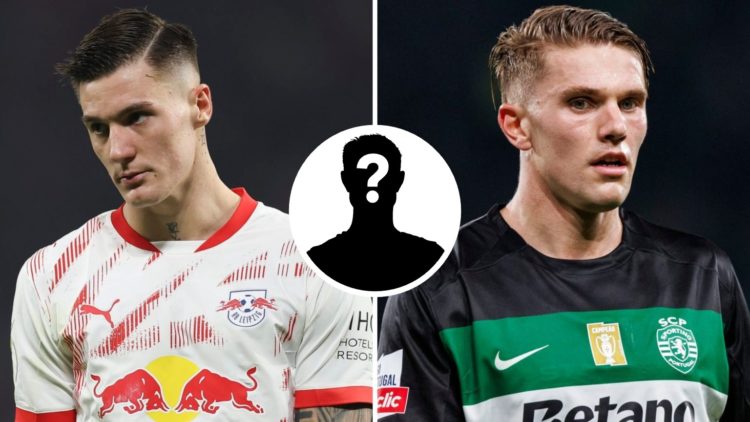 Benjamin Sesko of RB Leipzig looks on during a Bundesliga game (L), Viktor Gyokeres of Sporting CP looks on during a Primeira Liga game, with centr...