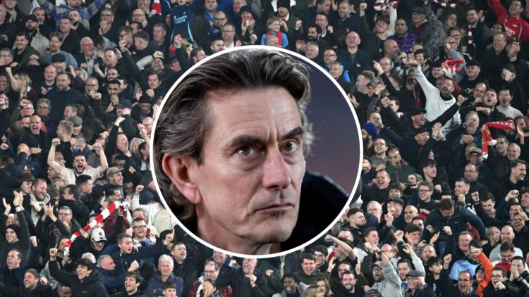 A general view of Arsenal fans celebrating with a central inset of new Tottenham manager Thomas Frank looking on during a Brentford game when he wa...