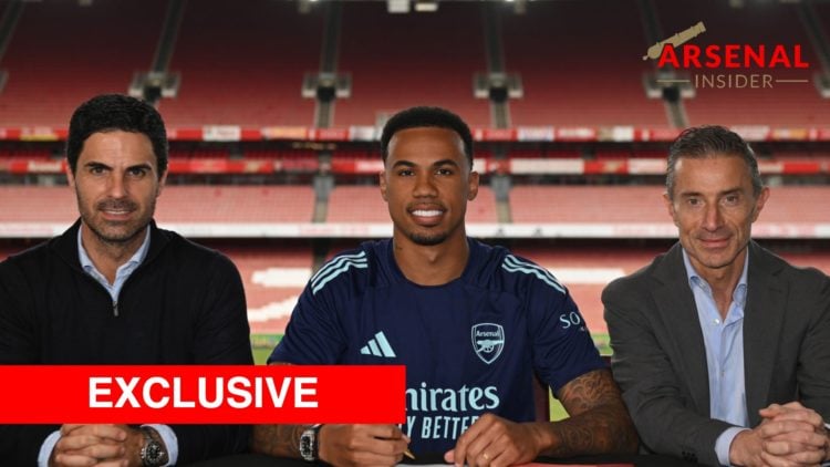 Arsenal defender Gabriel Magalhaes with manager Mikel Arteta and Sporting Director Andrea Berta signs a new long-term contract, with Arsenal Inside...