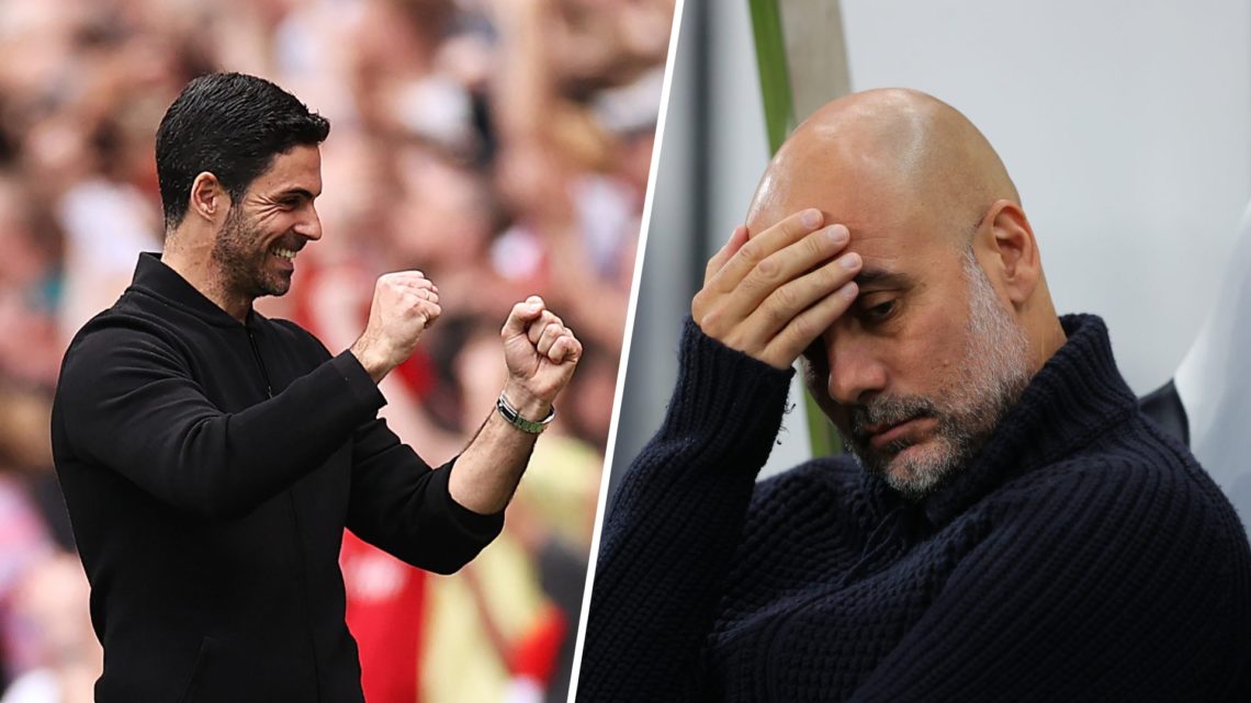 Split image of (L) Arsenal manager Mikel Arteta celebrating a goal and (R) Manchester City boss Pep Guardiola looking dejected