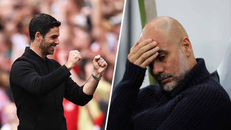 Split image of (L) Arsenal manager Mikel Arteta celebrating a goal and (R) Manchester City boss Pep Guardiola looking dejected