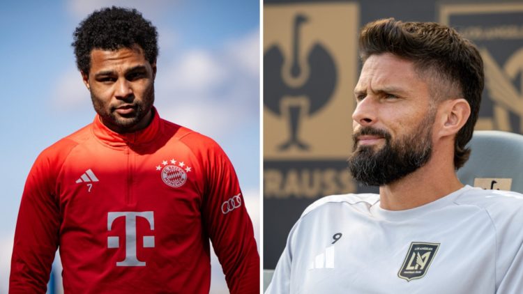 Serge Gnabry of FC Bayern Munchen at Saebener Strasse training ground (L), Olivier Giroud #9 of Los Angeles FC during the match against Minnesota U...