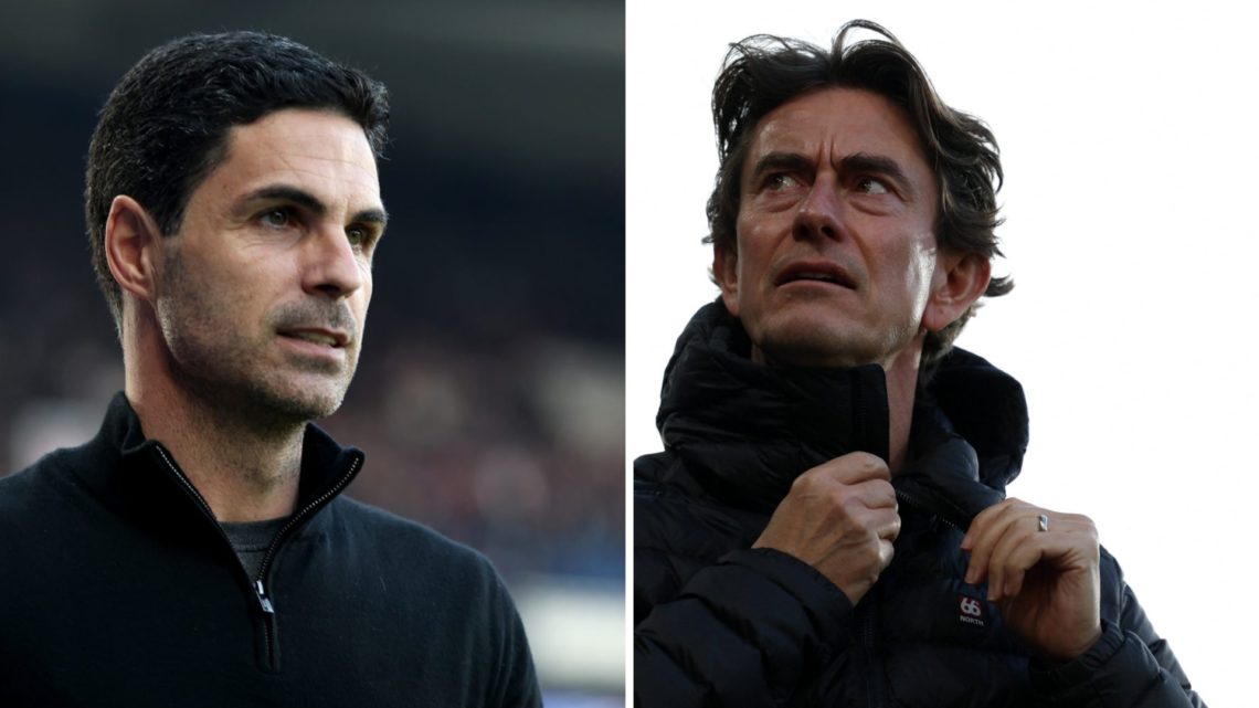 Split image of (L) Arsenal manager Mikel Arteta and (R) new Tottenham manager Thomas Frank looking on during games