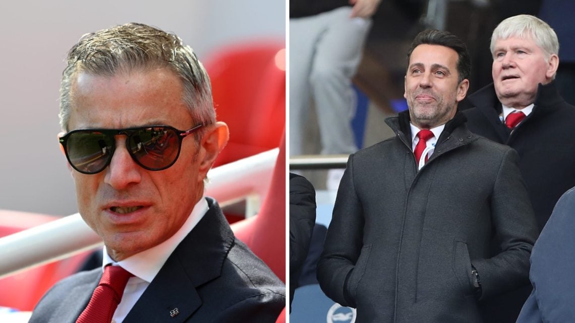 Split image of (L) Arsenal sporting director Andrea Berta looking on before a game and (R) Edu Gaspar looking on when he was in the same role at Ar...