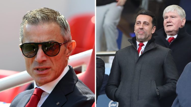 Split image of (L) Arsenal sporting director Andrea Berta looking on before a game and (R) Edu Gaspar looking on when he was in the same role at Ar...