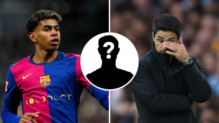 Split image of (L) Lamine Yamal playing for Barcelona and (R) Mikel Arteta looking dejected during an Arsenal game
