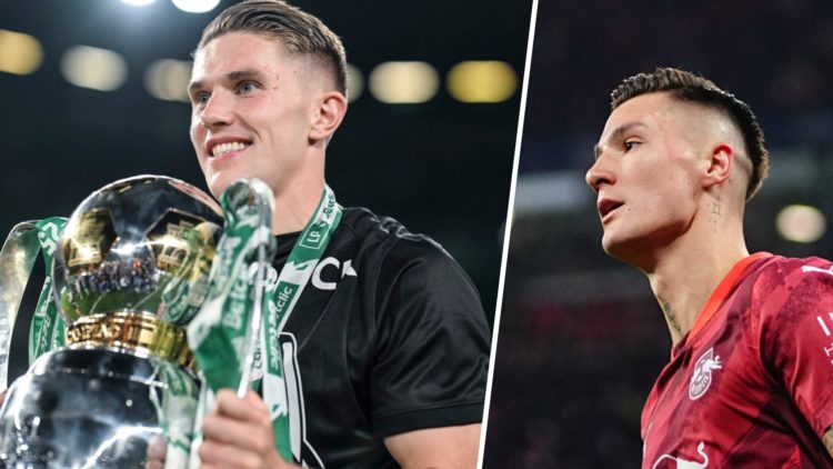 Viktor Gyokeres poses with the trophy after the Portuguese League football match between Sporting CP and Vitoria Guimaraes SC (L), Benjamin Sesko (...