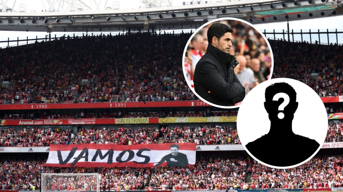 A general view inside the Emirates Stadium prior to the Premier League match between Arsenal and Wolverhampton Wanderers, inset, Mikel Arteta durin...