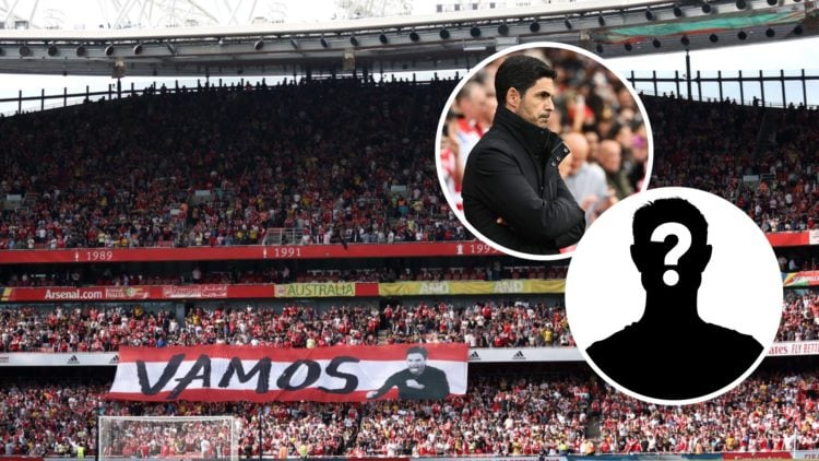 A general view inside the Emirates Stadium prior to the Premier League match between Arsenal and Wolverhampton Wanderers, inset, Mikel Arteta durin...