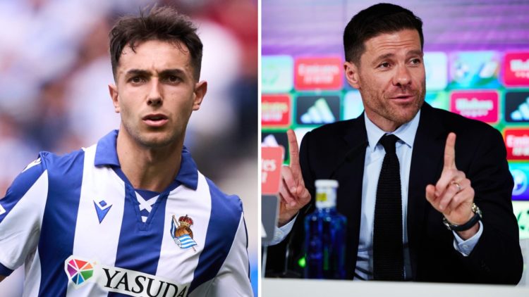 Martin Zubimendi looks on during a Real Sociedad match (L), New Real Madrid Head Coach Xabi Alonso faces the media during a press conference at Val...