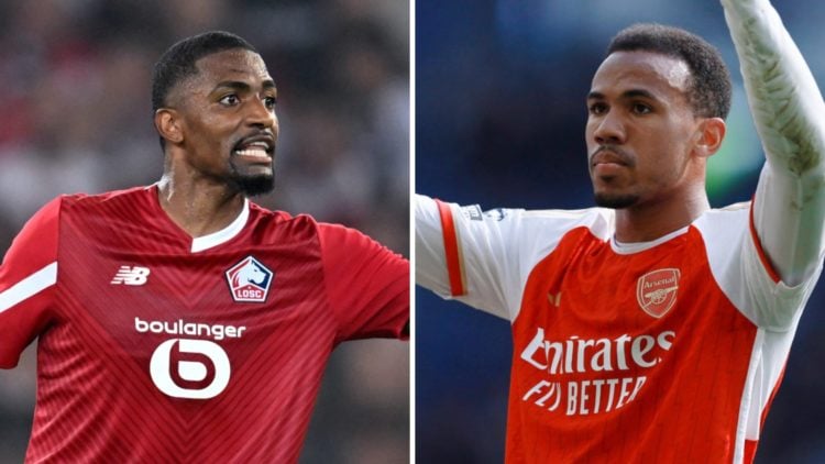 Split image of (L) Arsenal target Alexsandro Ribeiro playing for Lille and (R) Arsenal defender Gabriel Magalhaes celebrating a win