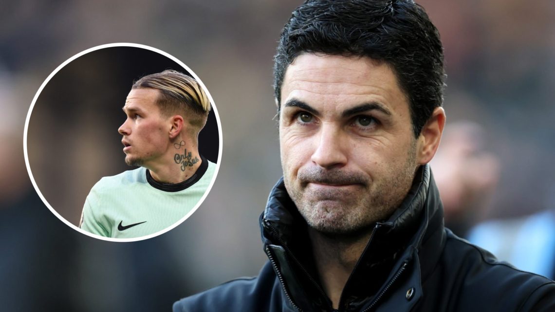 Image of Arsenal manager Mikel Arteta looking on during a game against Wolves with an inset of Mykhaylo Mudryk playing for Chelsea