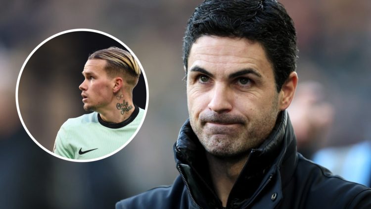 Image of Arsenal manager Mikel Arteta looking on during a game against Wolves with an inset of Mykhaylo Mudryk playing for Chelsea