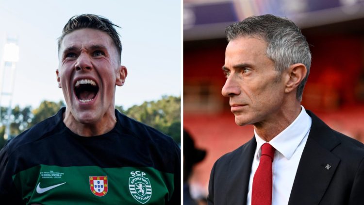 Left: Viktor Gyokeres celebrates during the Taca de Portugal final between Sporting Lisbon and Benfica. Right: Arsenal Sporting Director Andrea Ber...
